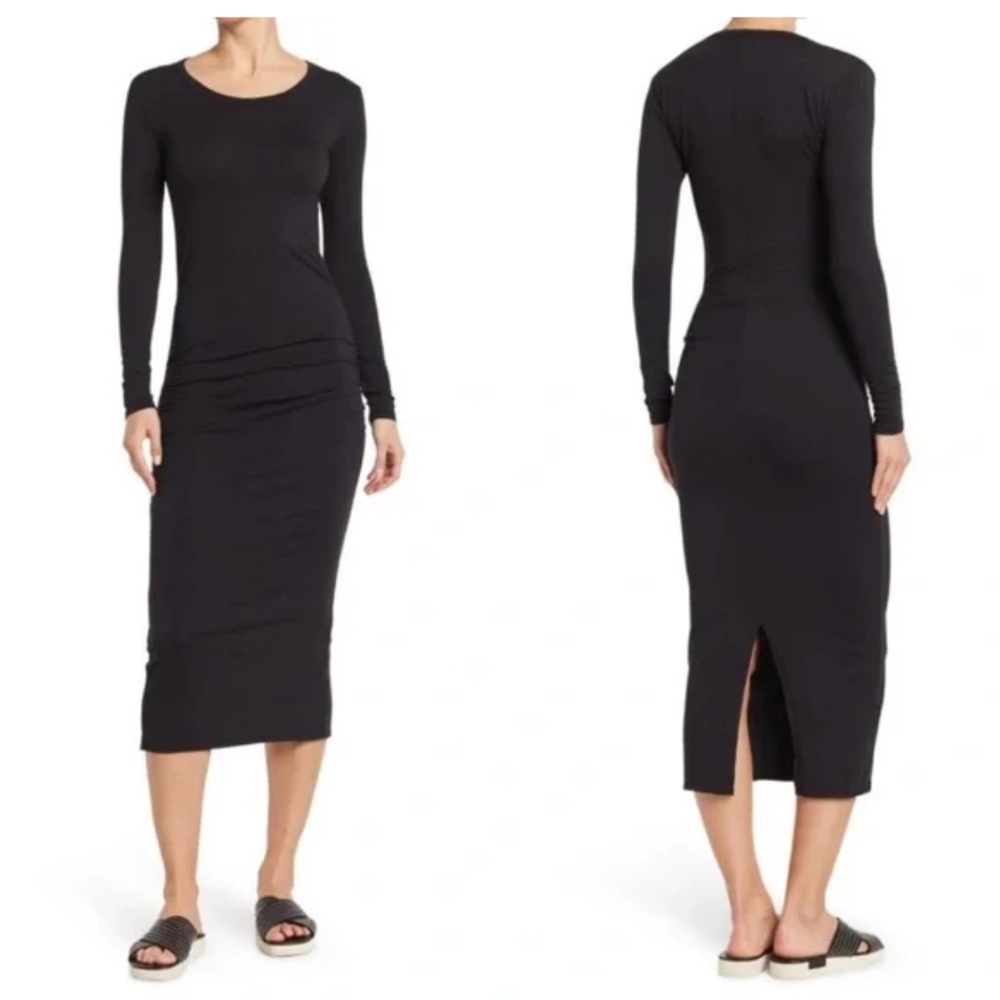 JAMES PERSE Long Sleeve Black Cotton Ruched Midi Dress Size 2 / Medium